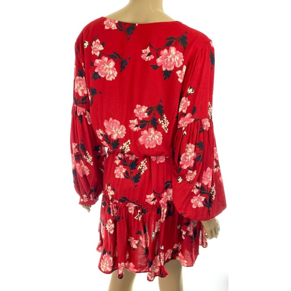 Valencia & Vine 'Stephanie' Red Floral Mini Dress Size S Long Billowy Sleeves - Picture 5 of 7